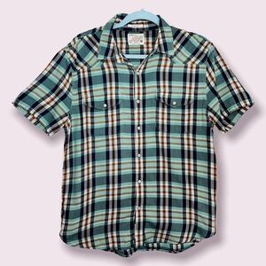 Lucky Brand Plaid Button Down Shirt Mens Size M Blue & Green Short Sleeve Casual